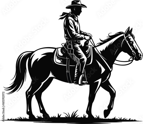 A striking black and white illustration showcases a cowboy riding a horse, capturing the essence of the Wild West with its iconic silhouette and detailed depiction of equestrian culture.