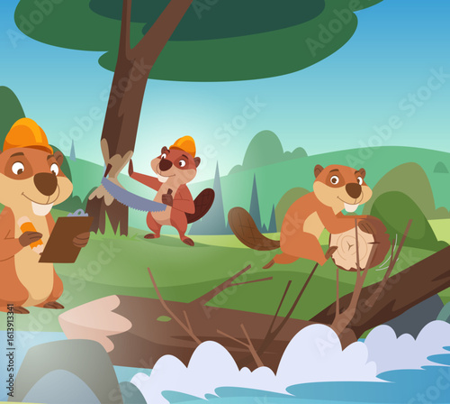 Beavers. wild smart animals beavers building a damper on river