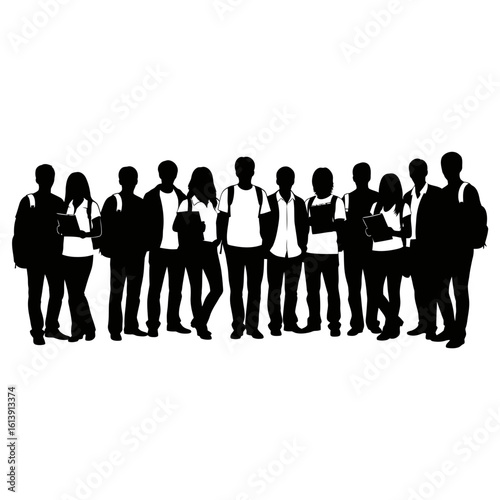 Silhouette of a group of students standing together with backpacks and books in black and white style