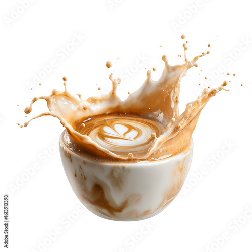 Splash of milk hitting coffee in slow motion latte art white background overlay cut out on isolated white background