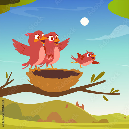 Birds family. baby bird fly the way from the nest