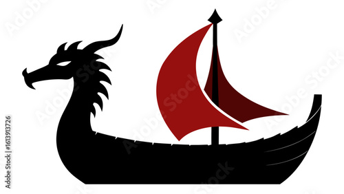 Black Viking Longship Silhouette Red Sail Dragon Head
