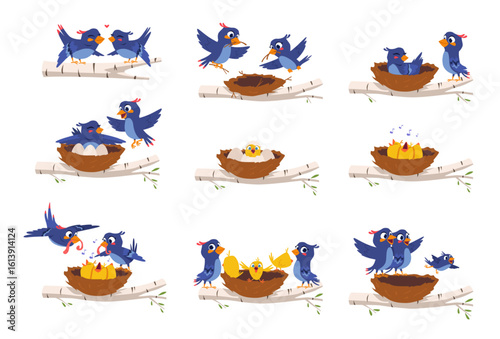 Birds family. Mother bird feeding little chicks exact vector wild freedom birds illustration