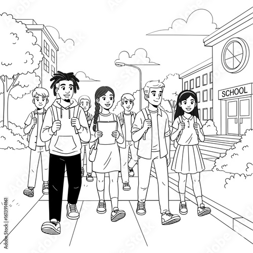 A group of students walking towards a school building with backpacks and books in a black and white drawing