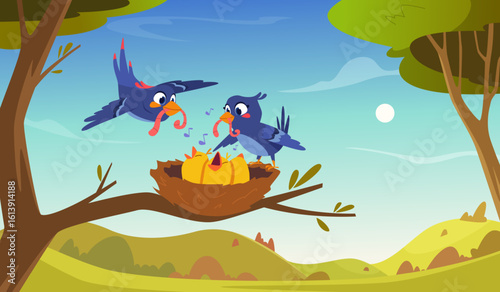 Wild birds. Mother father and little chicks exact vector scenes with funny birds