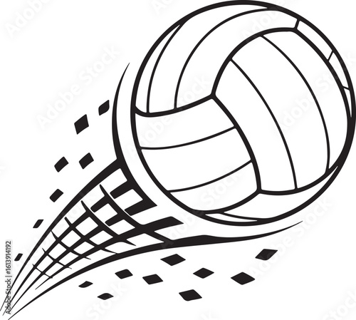 Dynamic black and white line art illustration of a volleyball in motion with a trailing abstract effect isolated on transparent background
