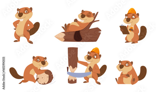 Beavers. Wild forest animals working with wood exact vector cartoon beavers