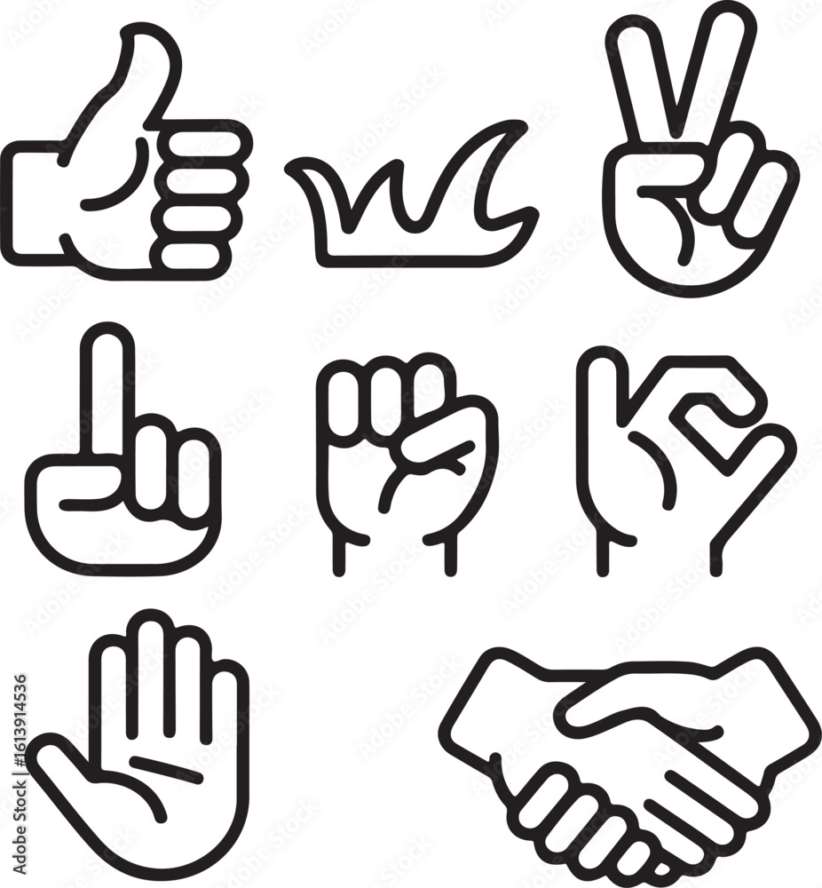 Fototapeta premium Minimalist Hand Gesture Icons – Clean Line Art for Communication Symbols