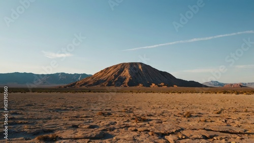Arid landscape featuring a prominent butte under a clear sky with distant mountains viewable