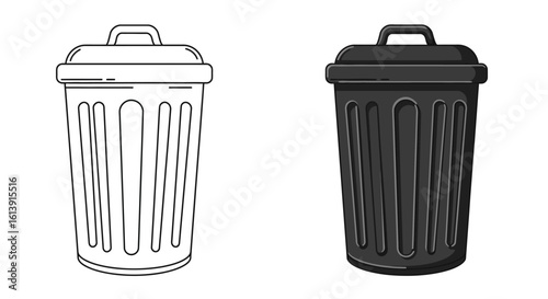 Garbage bin illustration in black and white vector drawing trash can