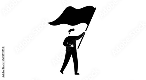 Man Waving Black Flag Illustration Symbol of Protest or Revolution Isolated on White