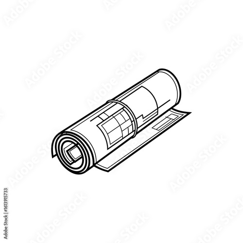 A rolled architectural blueprint with a grid pattern and detailed information shown in black and white line art