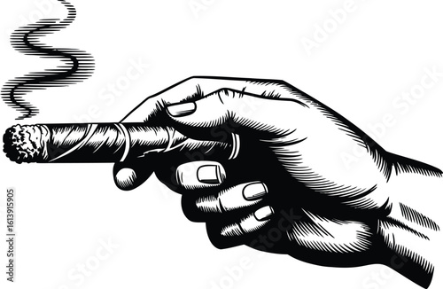 Engraved hand holding a smoking cigar showcases vintage style, perfect for retro designs, tattoo art, or illustrations related to relaxation and classic indulgence.