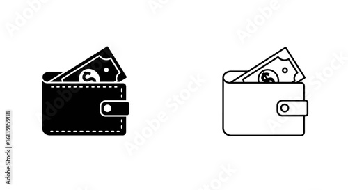 Wallet with Money Icon Set Black and White Vector Illustration