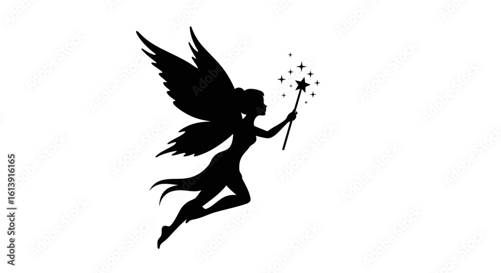 Obraz premium Elegant Fairy Silhouette with Magic Wand and Stars on White Background