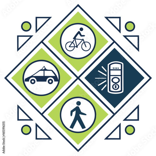 Abstract geometric illustration featuring icons representing transportation modes and traffic signals with modern aesthetic.