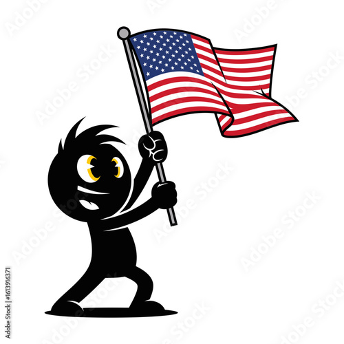 Cartoon stick figure proudly waving the american flag with stars and stripes in a patriotic display
