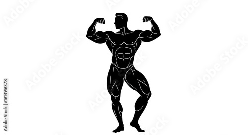 Silhouette of muscular bodybuilder flexing biceps and showing off physique on white background