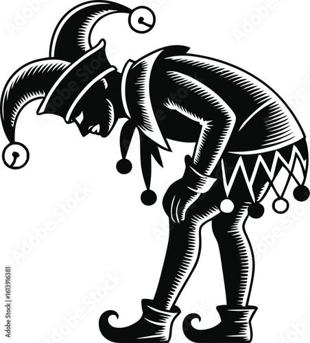 A stylized jester illustration features a figure in a traditional costume with bells, rendered in a woodcut style with bold lines and a limited color palette, evoking a vintage aesthetic.