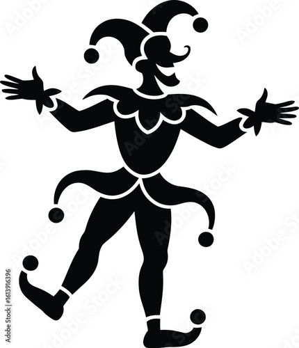 A whimsical black silhouette showcases a dancing jester with a playful hat and costume, perfect for adding a touch of medieval fun to any creative project or design.
