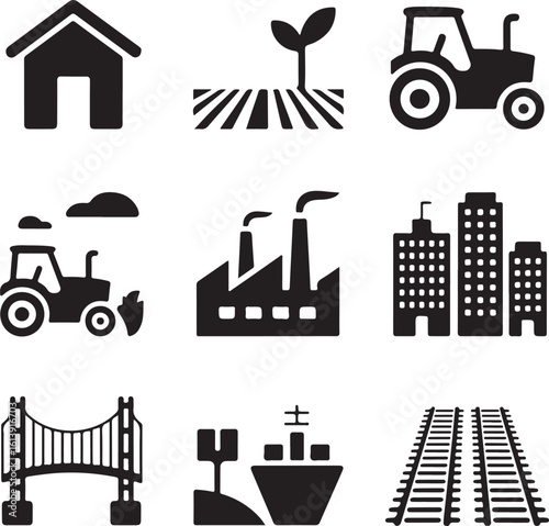 Stages of Economic Growth Icons – Solid Vector Pack of Rural to Industrial Evolution
