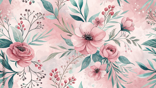 Abstract watercolor brush with floral pattern. High resolution seamless. Pastel pink background. Designed for printing on fabric.