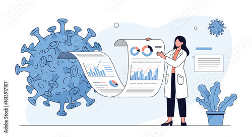Scientists analyze coronavirus data charts and graphs illustrating public health trends and pandemic research findings
