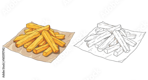 Crispy golden french fries served on paper and outline illustration for culinary design projects