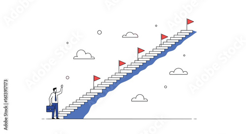 A determined individual ascends a long staircase toward a series of red flags marking distant goals