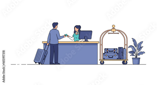Hotel check in process showing guest interaction with receptionist and luggage cart