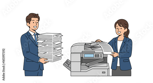 Business professionals working together at the office with a photocopier and stack of documents