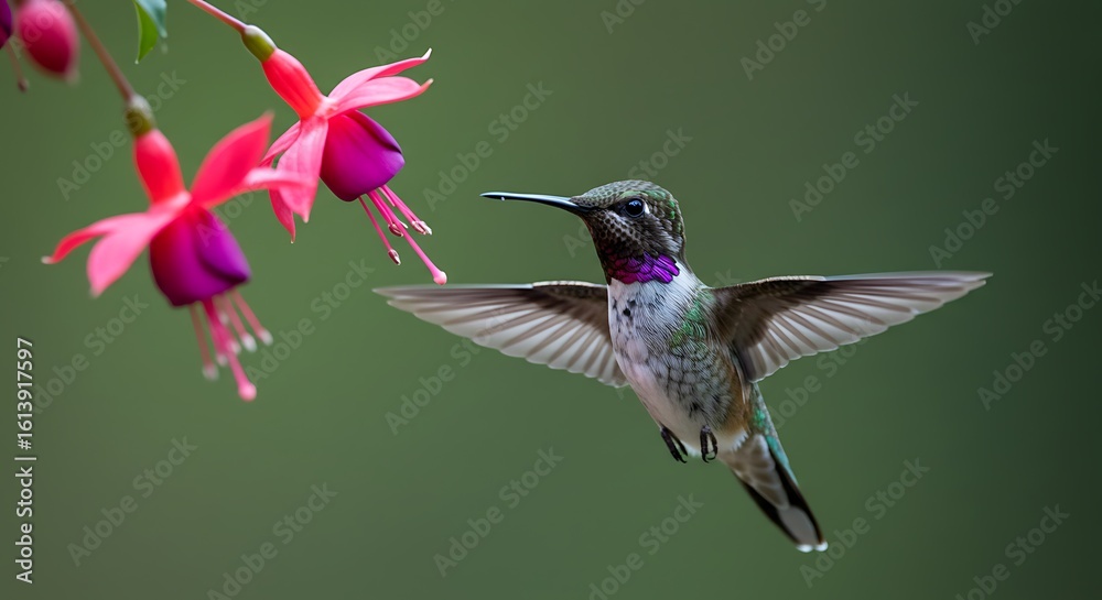 Fototapeta premium A Hummingbird in Flight, Near Vibrant Fuchsia Flowers