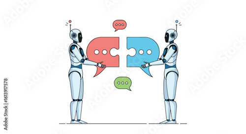 Robotic dialogue exchange illustrates intelligent communication between artificial intelligence entities facilitating collaborative problem solving