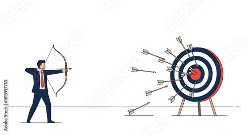 Business man aiming for target with many arrows missing the bullseye concept of failure