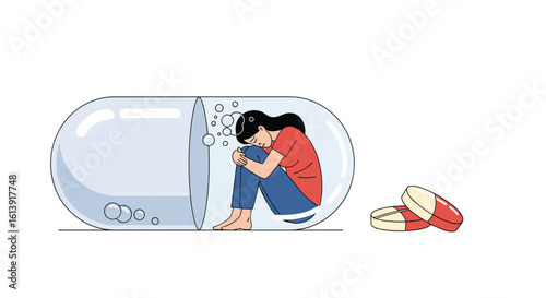 Mental health struggles confined within a giant pharmaceutical capsule experiencing emotional distress