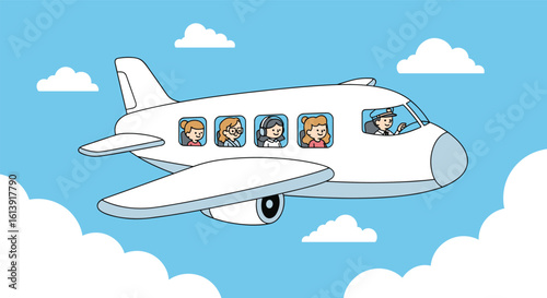 Cartoon airplane flying high above the clouds carrying passengers on a joyful journey through the sky