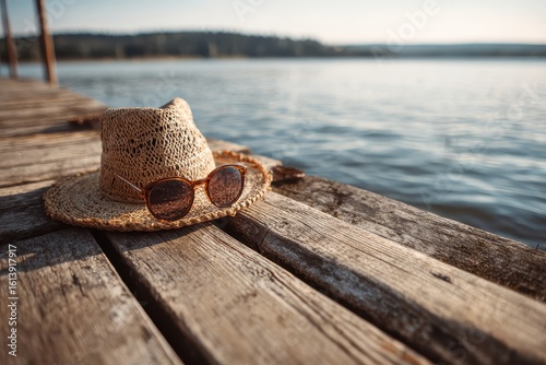 Fototapeta Naklejka Na Ścianę i Meble -  Straw hat and sunglasses sit on a weathered wooden dock overlooking a serene lake