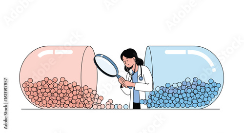 Medical professional carefully inspecting contents of open capsule with magnifying glass understanding pharmaceutical research and development