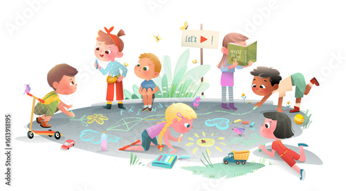 Little children drawing doodles with chalk and play toys outside in park. Cute kids smiling playing, drawing and exploring nature. Hand drawn colorful vector cartoon illustration for kids education.