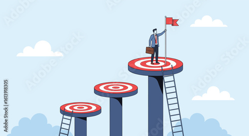 Businessman reaching the top target on the highest platform achieving a goal with determination and success in business development