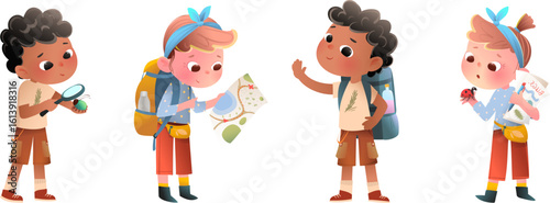 Children outdoor nature hiking and exploration with maps. Kids learning insects biology with magnifiers and books. Vector clipart cartoon illustration for children curiosity and adventure education.