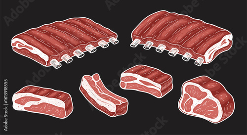 Various cuts of pork ribs and meat displayed on a dark background