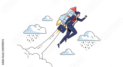 Successful entrepreneur launches rocket backpack soaring through clouds towards business growth and innovation