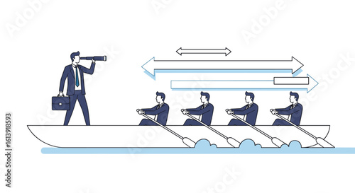 A leader with a spyglass directs a team rowing together in the same direction towards a shared goal