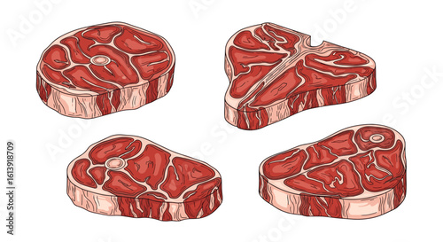 An assortment of raw beef steaks ready for grilling or pan frying for a delicious meal