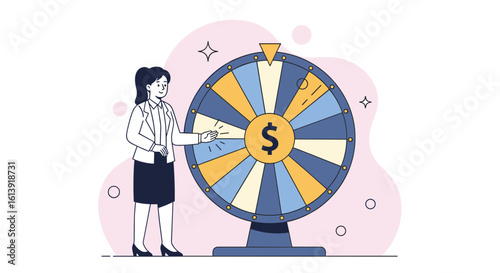Woman spinning a colorful prize wheel with dollar sign in the center for chance game winning opportunity