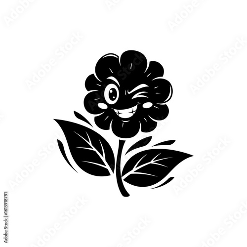 Black and white cartoon flower with a winking face and a smiling mouth on a stem with leaves design