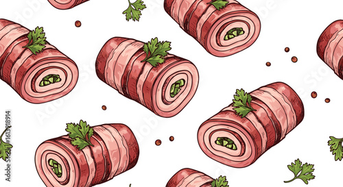 Deliciously rolled bacon appetizers with fresh green herbs and peppercorns perfect for any gathering