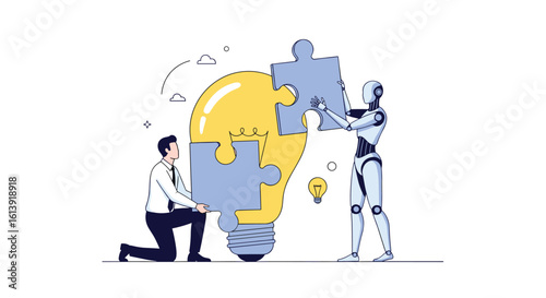Human and robot collaboration building a bright idea together a symbol of innovation and future partnership