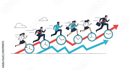 Business professionals racing upward on clocks representing timeliness and career progression